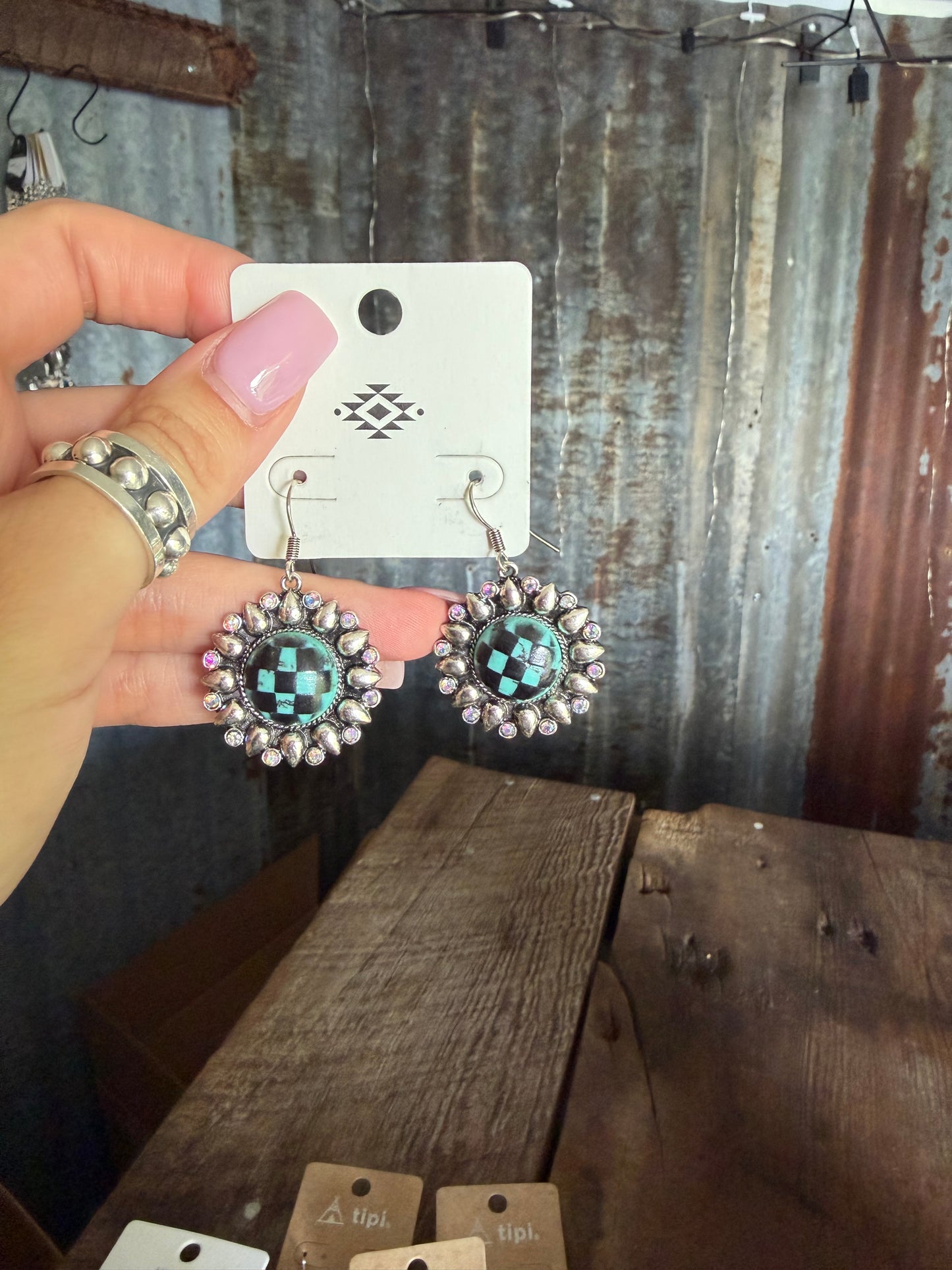 Turquoise Checkered Circle Earrings