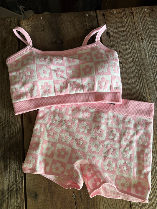 Flower Checkered Set - Pink