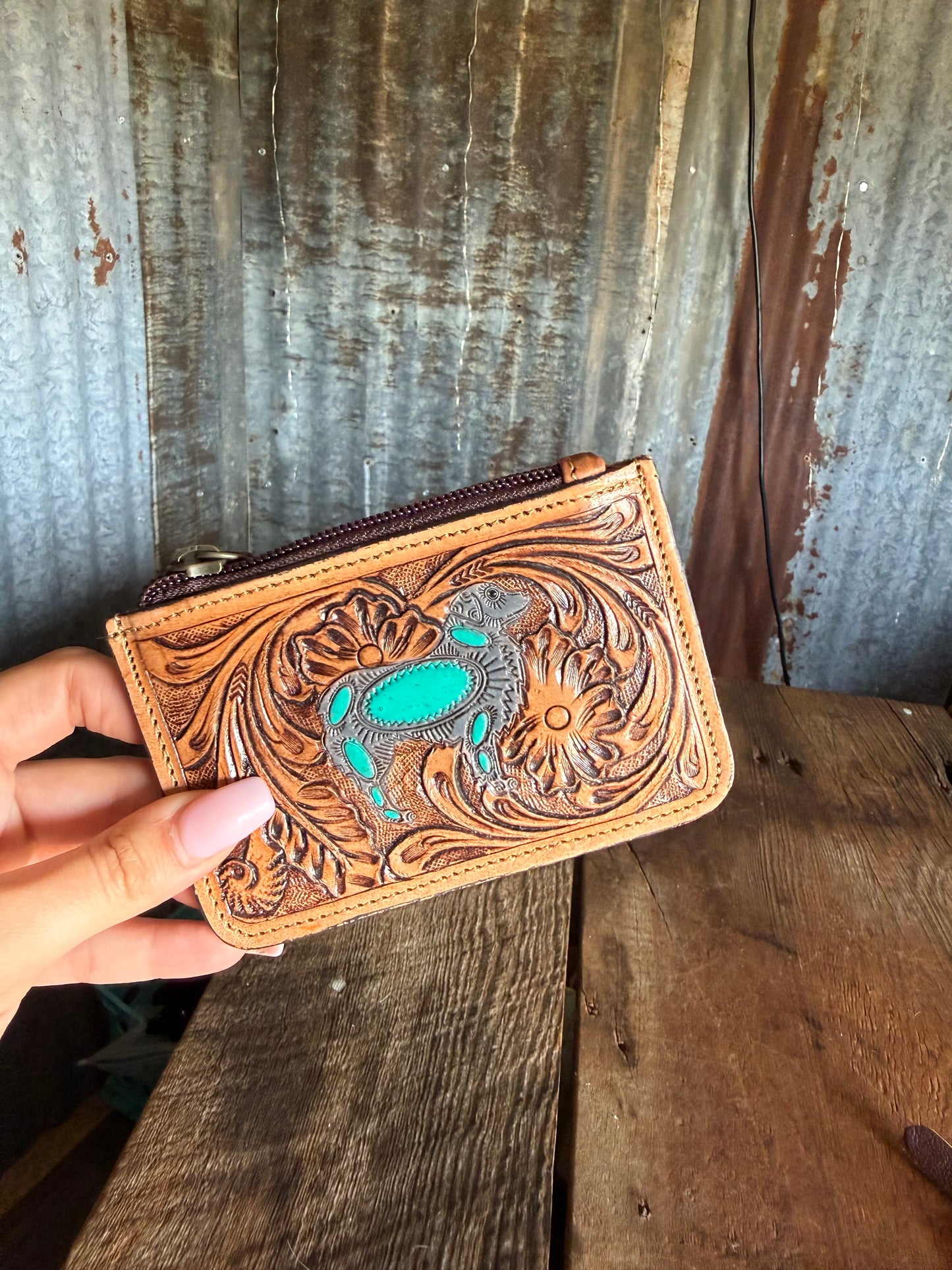 Turquoise Pup Leather Pouch
