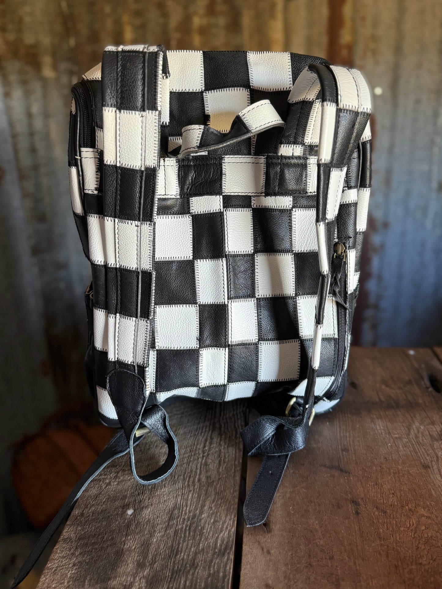 Black/White Checkered Leather Backpack