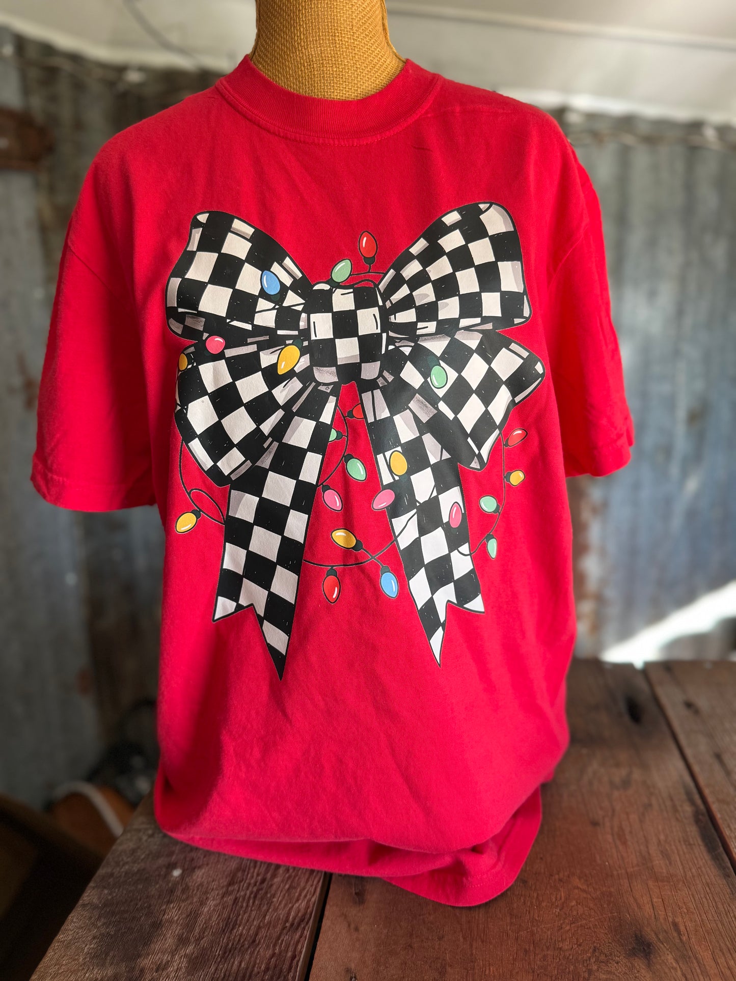 Checkered Christmas Bow Tee
