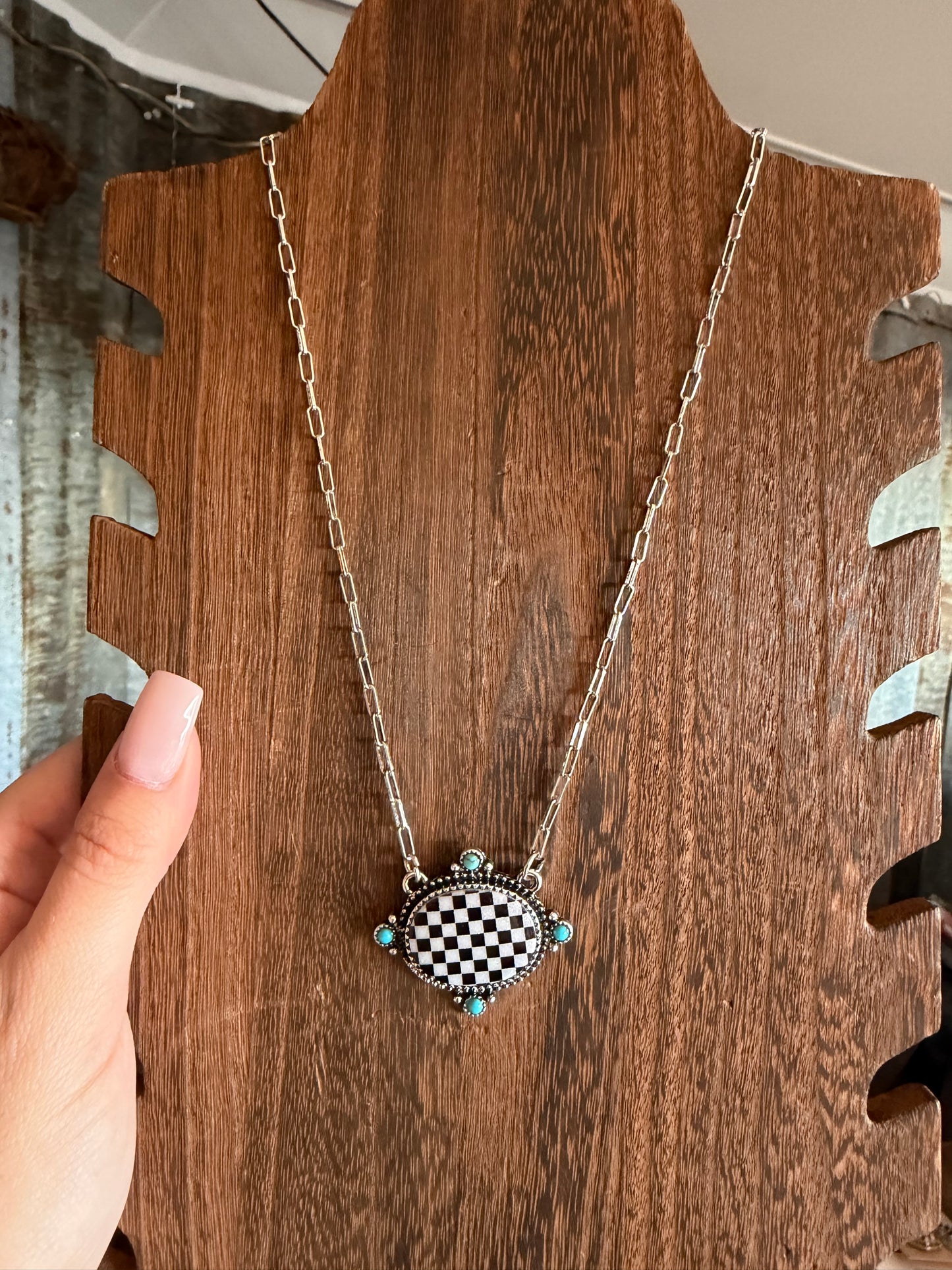 Checkered / Turquoise Oval Necklace