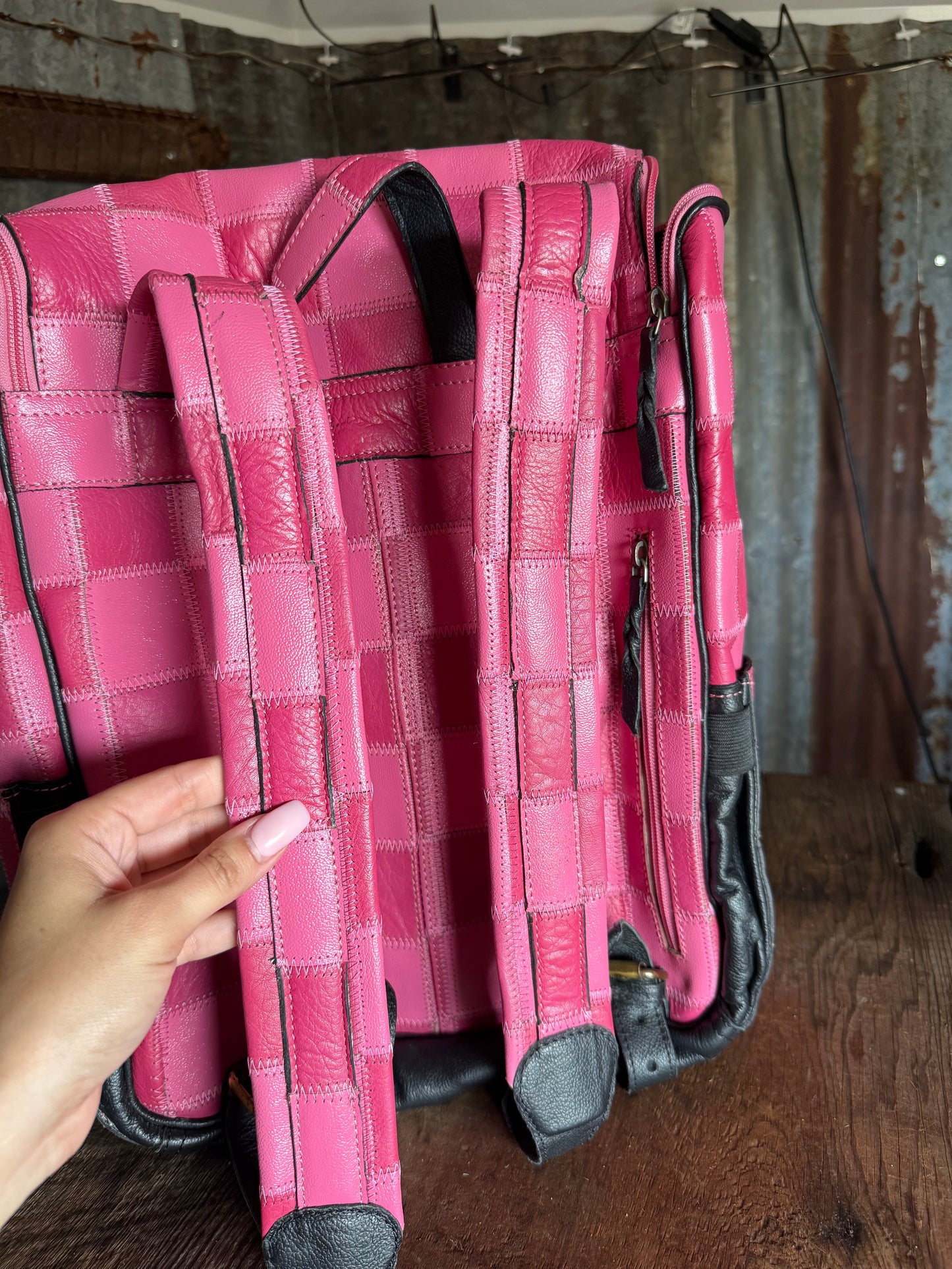 Pink Checkered Leather Backpack