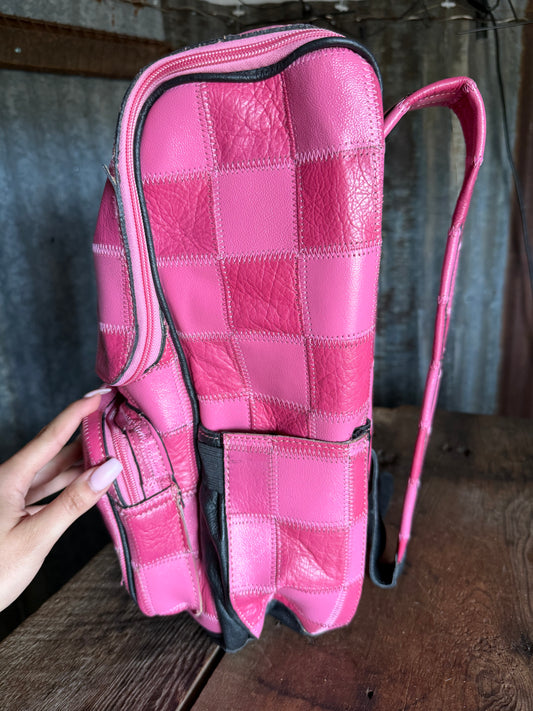 Pink Checkered Leather Backpack