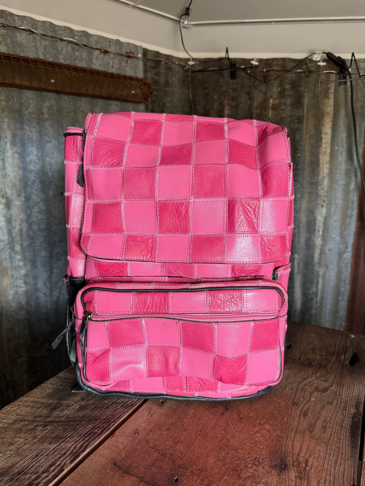 Pink Checkered Leather Backpack