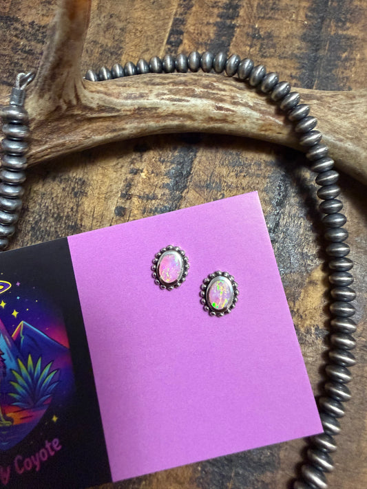 Pink Opal Oval Stud Earrings