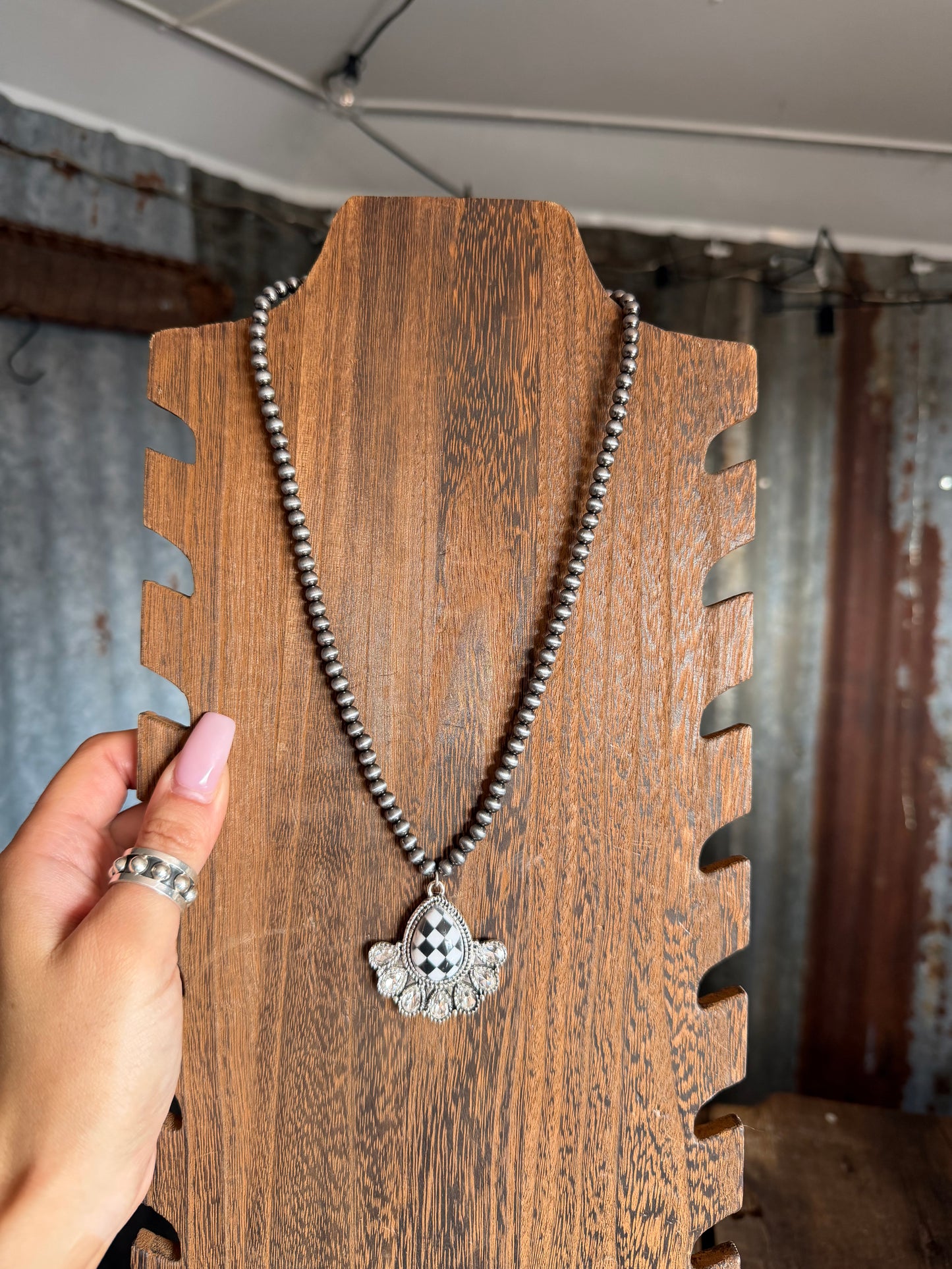 Faux Pearls & Checkered Oval Necklace