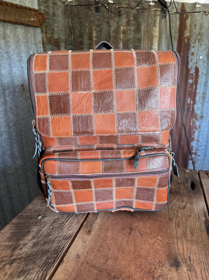 Brown Checkered Leather Backpack