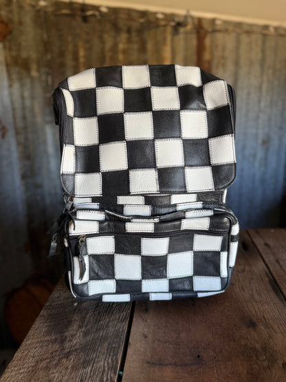 Black/White Checkered Leather Backpack
