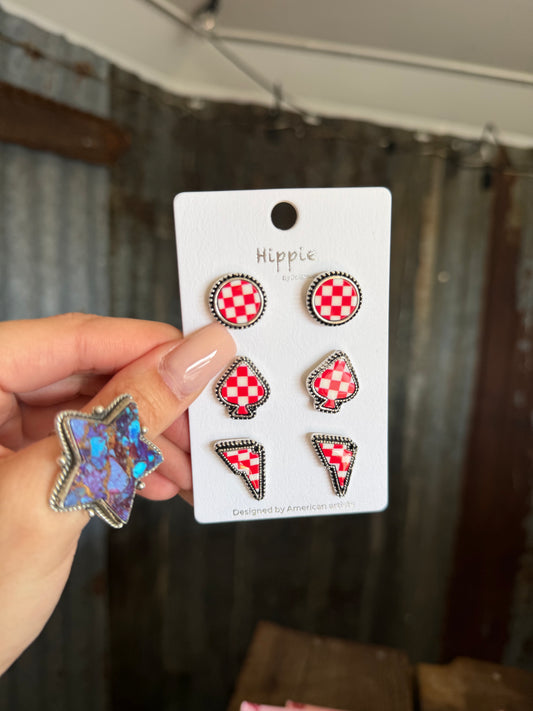 Checkered Earring Set - Red