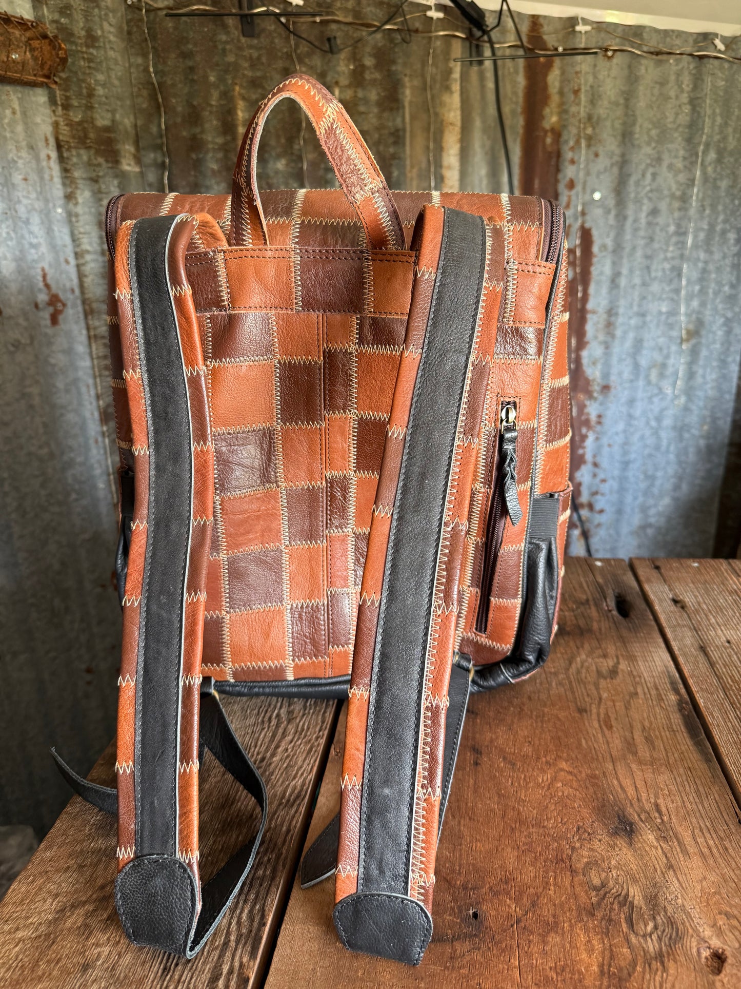 Brown Checkered Leather Backpack