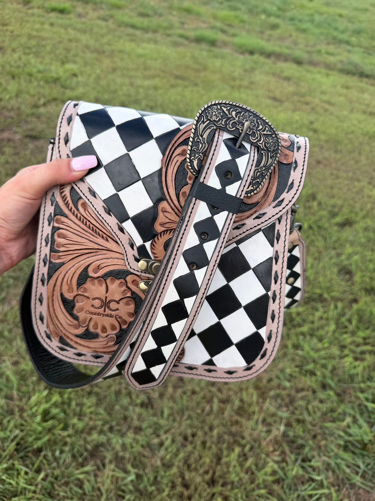 Checkered / Tooled Crossbody Purse