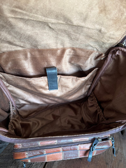 Brown Checkered Leather Backpack