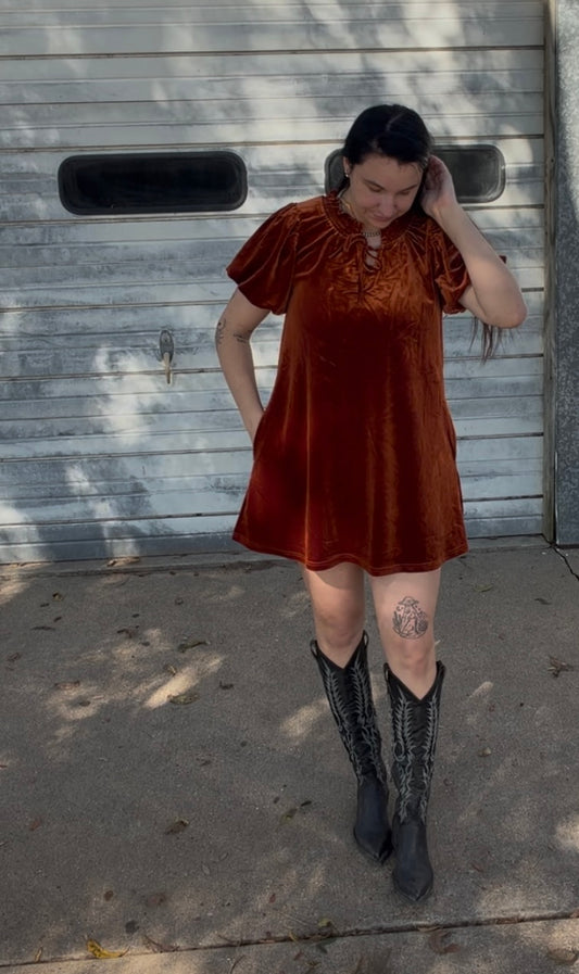 Holiday Velvet Dress - Rust