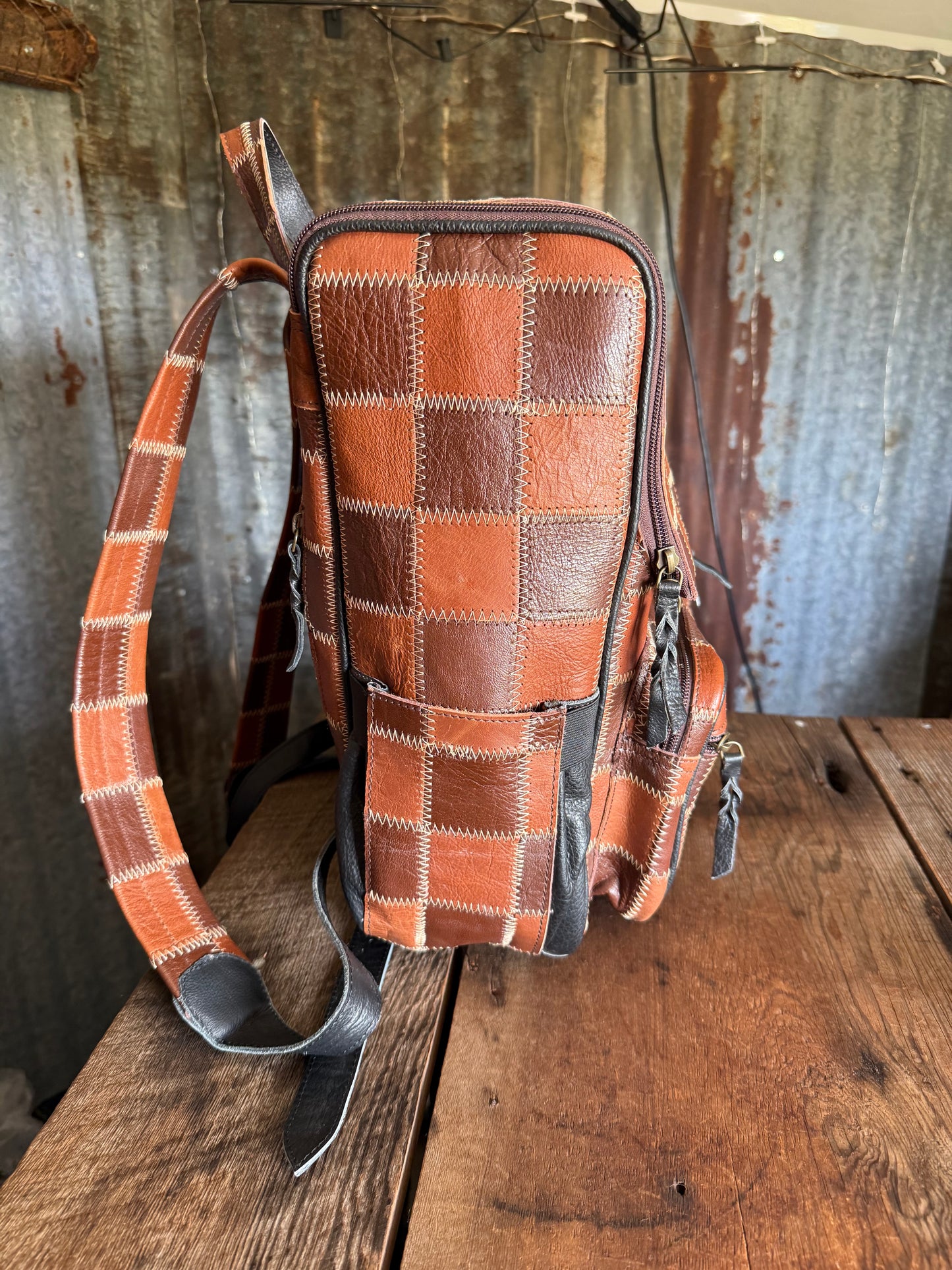 Brown Checkered Leather Backpack