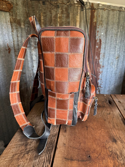 Brown Checkered Leather Backpack