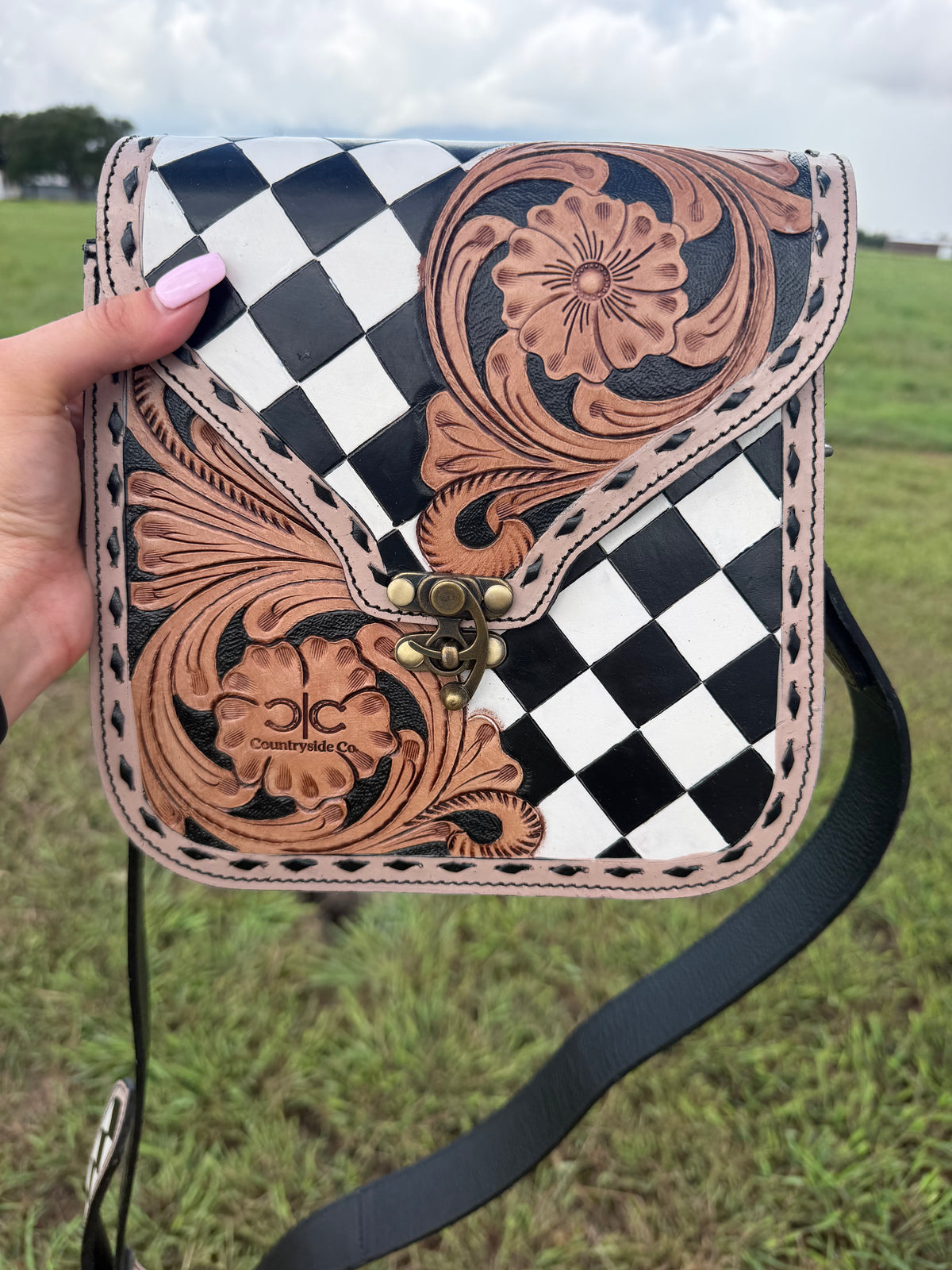 Checkered / Tooled Crossbody Purse