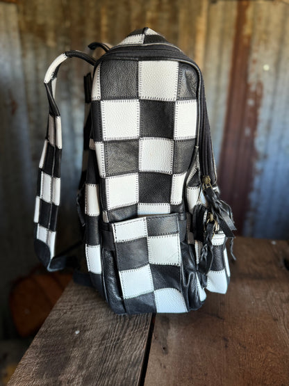 Black/White Checkered Leather Backpack