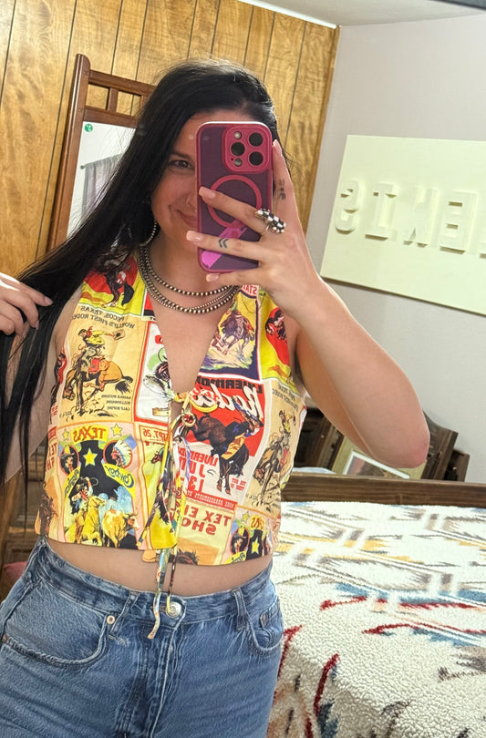 Yellow Cowboy Stamp Front Tie Vest