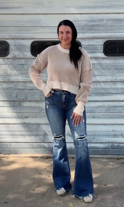 Two Toned Ribbed Sweater Top - Oatmeal