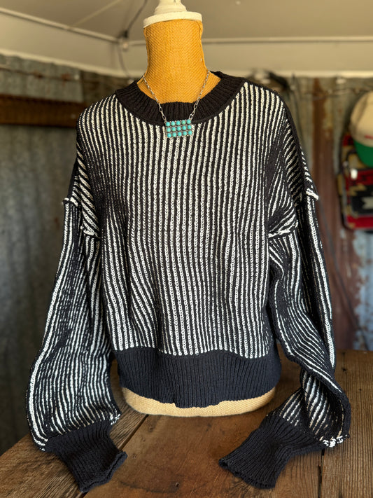 Two Toned Ribbed Sweater Top - Black
