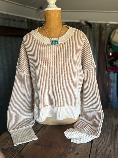 Two Toned Ribbed Sweater Top - Oatmeal